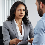 ** A professional confidently negotiating salary and benefits in a modern office setting. Focus on body language conveying assertiveness and respect.

**
