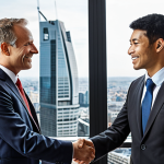**

*   **Prompt:** A professional wearing a business suit confidently shaking hands after a successful international trade negotiation. Focus on conveying trust, cultural sensitivity, and a modern, global business setting. The backdrop should hint at a major city known for international commerce.

**