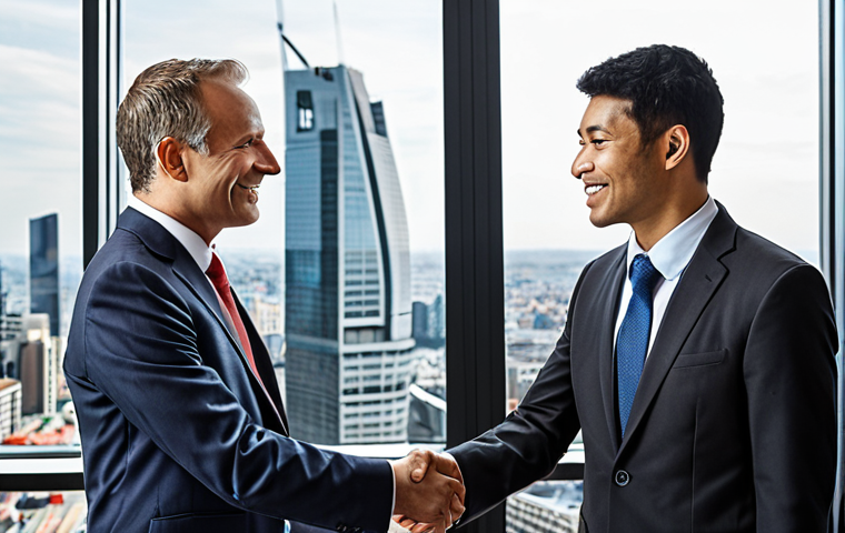 **
* **Prompt:** A professional wearing a business suit confidently shaking hands after a successful international trade negotiation. Focus on conveying trust, cultural sensitivity, and a modern, global business setting. The backdrop should hint at a major city known for international commerce.
**