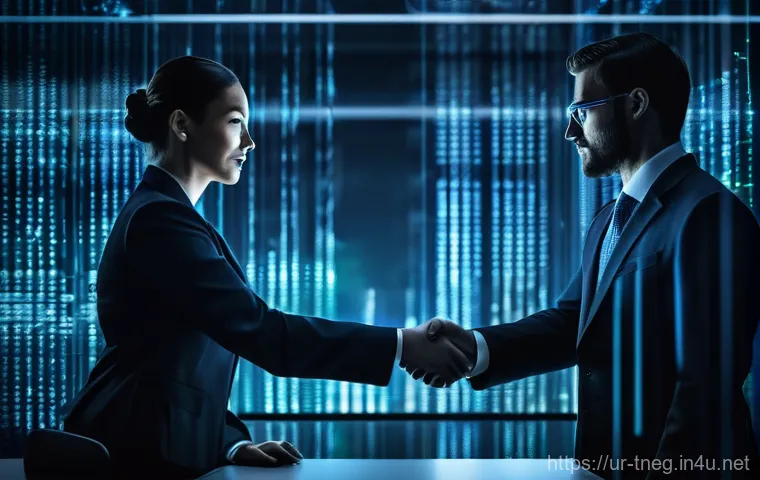 무역협상 실무에서 중요한 데이터 보안 사례 - **Prompt:** A dynamic and suspenseful scene depicting the critical importance of data security in a ...